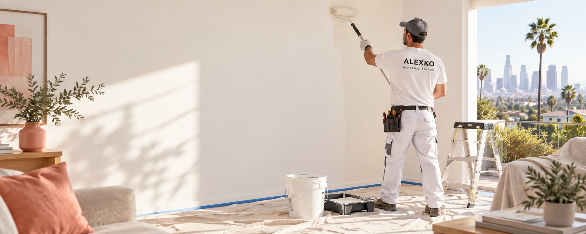 Handyman painting a bright interior room