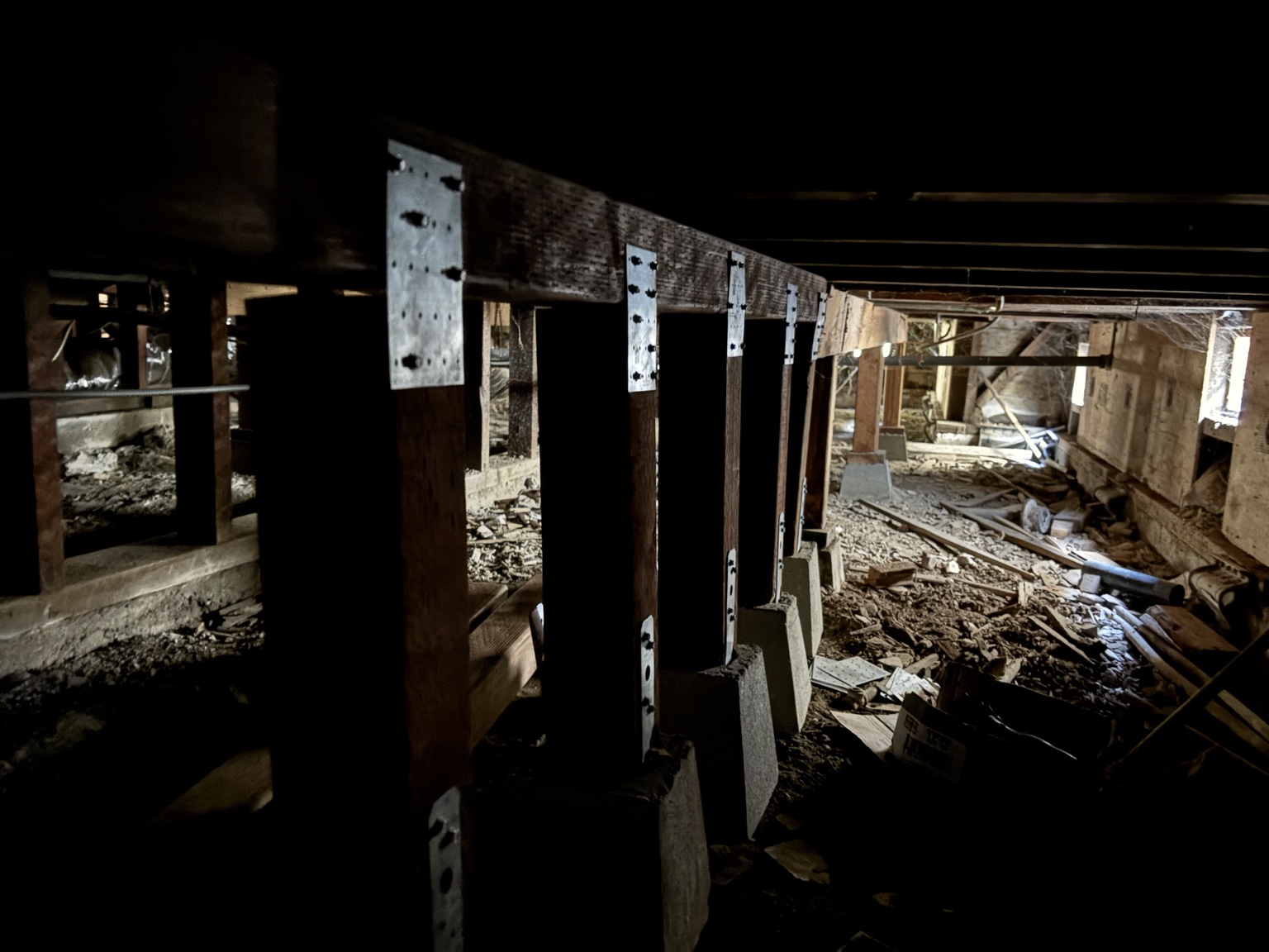 Existing crawl space floor framing and a support post